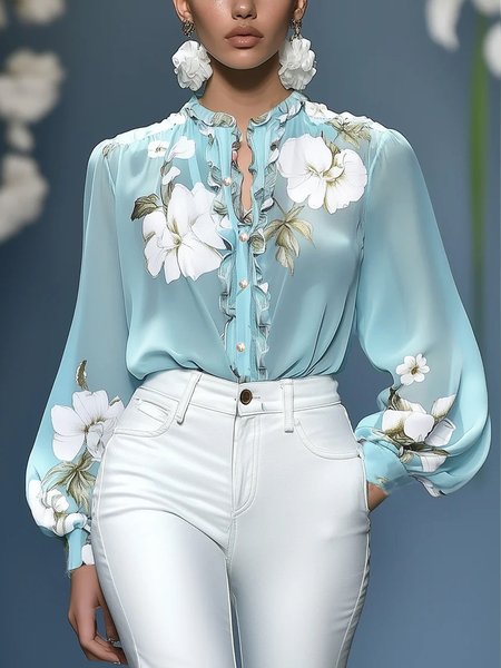 Elegant Floral Printing Stand Collar Balloon Sleeve Chiffon Blouse, As picture, Blouses and Shirts