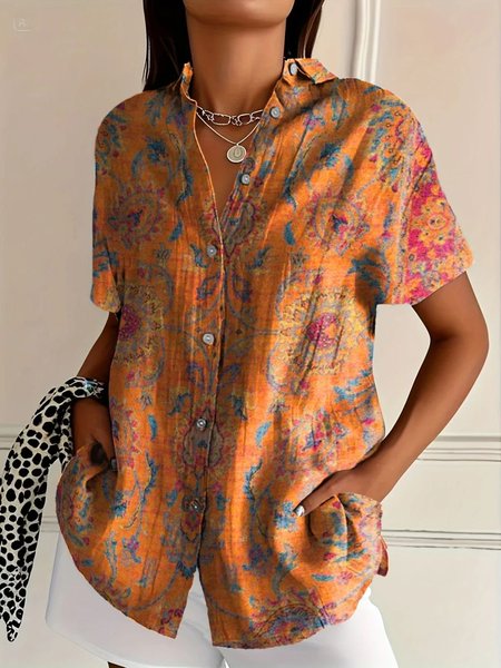 

Shirt Collar Short Sleeve Floral Regular Micro-Elasticity Regular Fit Shirt For Women, Orange, Shirts