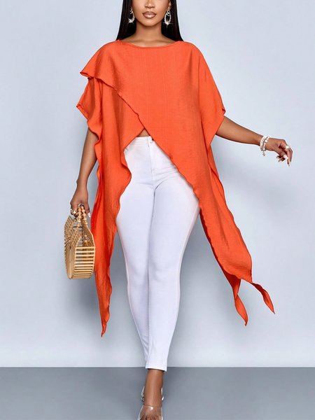 

Casual Plain Slit Crew Neck Loosen Blouse, As picture, Blouses and Shirts