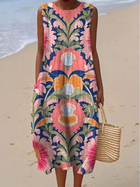 

Women Floral Summer Dress Crew Neck Sleeveless A-Line Dress, Peach, Dresses