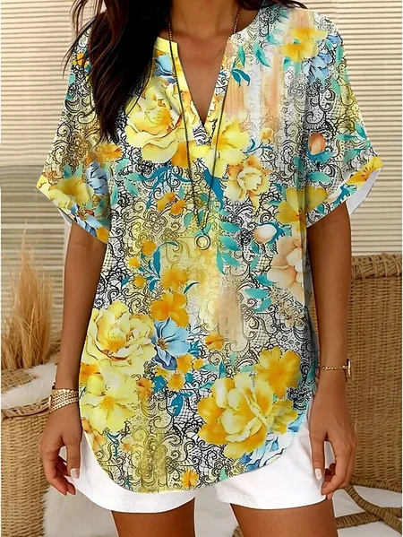 

Shawl Collar Half Sleeve Floral Regular Loose Blouse For Women, As picture, Blouses