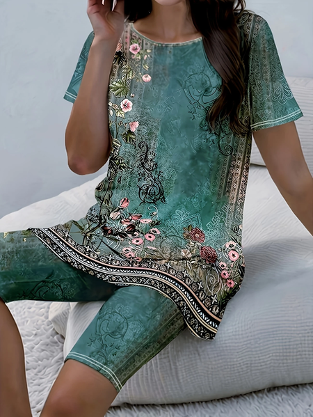 

Women Floral Printing Two-Piece Set Daily Short Sleeve Casual Summer Top With Pants Matching Set, Green, Suit Set