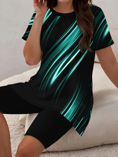 

Women Abstract Printing Two-Piece Set Daily Short Sleeve Casual Summer Top With Pants Matching Set, Black, Sets