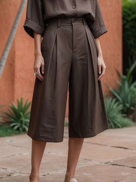 

Linen blend Casual Plain Wide Leg Pants, Brown, Pants