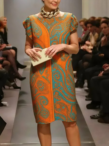 

Elegant Paisley Printing Crew Neck Knee Length Dress, Orange, Mini Dresses