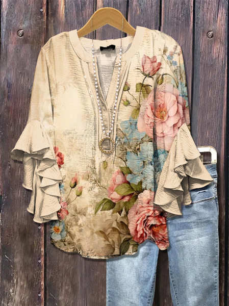 

Women Floral Half Sleeve Shirt Summer Printing V Neck Daily Casual Top, Apricot, Shirts
