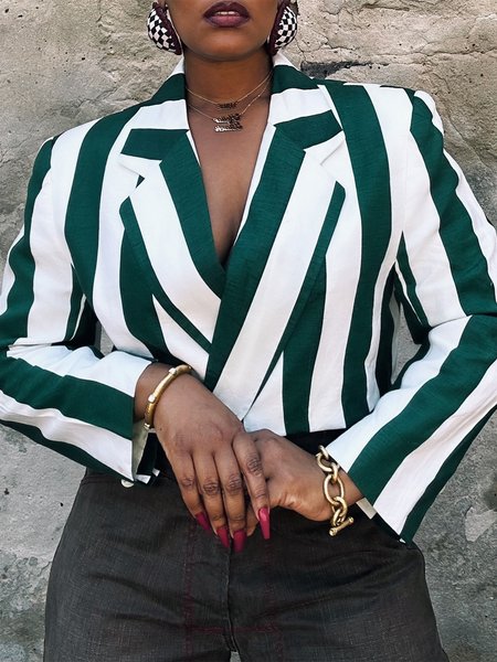 

Urban Shoulder Pad Striped Lapel Collar Blazer, Dark green, Blazers
