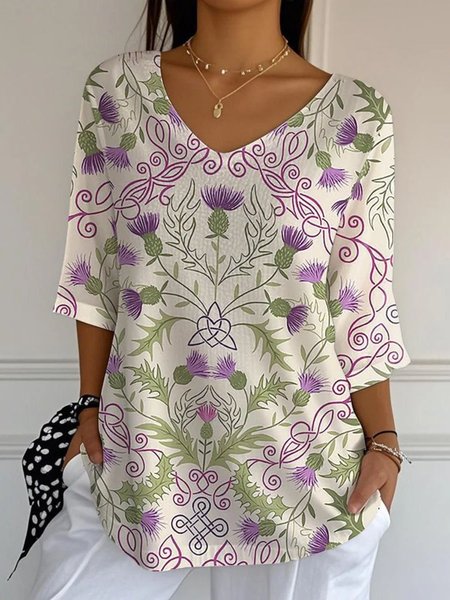 

Vintage Floral Crew Neck Long Sleeve T-shirt, White, T-shirts