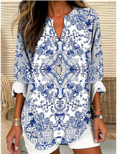 

V Neck Long Sleeve Geometric Regular Micro-Elasticity Regular Fit Shirt For Women, White, Shirts