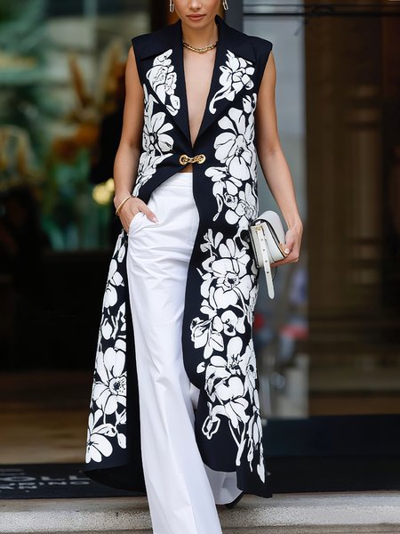 

Urban Printing Floral Lapel Collar Vest, Black-white, Vests and Gilets