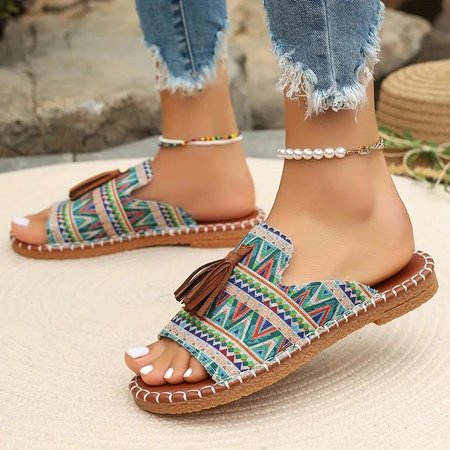 

Vintage Geometric Slip On Flat Heel Slide Sandals, Blue, Sandals