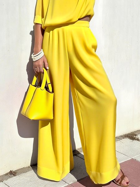 

Casual Plain Wide Leg Pants, Yellow, Pants