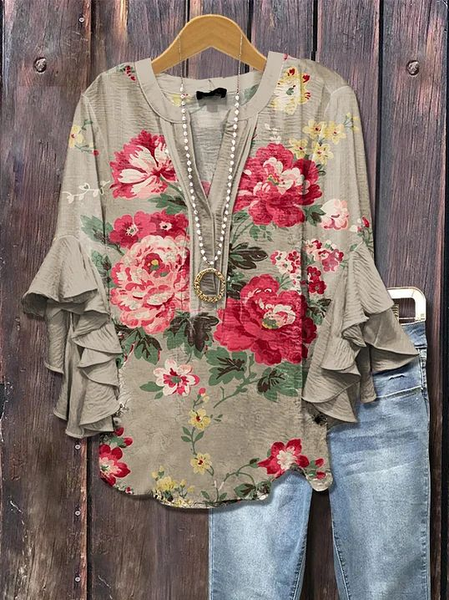 

Women Floral Half Sleeve Shirt Summer Printing V Neck Daily Casual Top, Khaki, Shirts