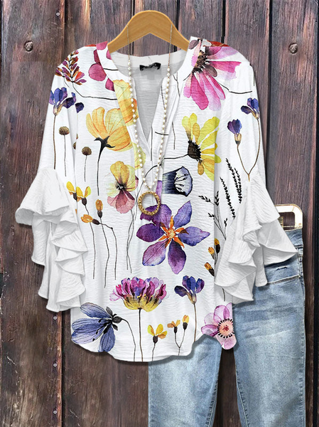 

Women Floral Half Sleeve Shirt Summer Printing V Neck Daily Casual Top, White, Shirts
