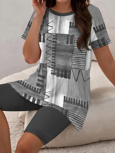 

Women Abstract Printing Two-Piece Set Daily Short Sleeve Casual Summer Top With Pants Matching Set, Gray, Suit Set