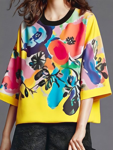 

Casual Random Print Printing Crew Neck T-shirt, As picture, Tees