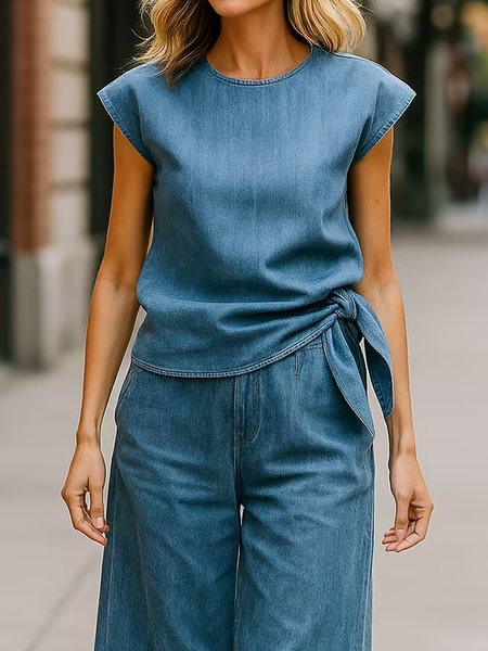 

Micro-Elasticity Urban Plain Knot Front Denim Top, Denim blue, Tops