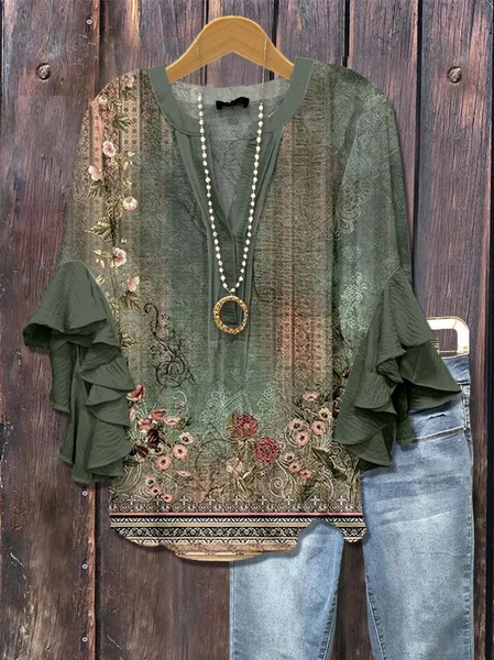 

Women Floral Half Sleeve Shirt Summer Printing V Neck Daily Casual Top, Green, Shirts