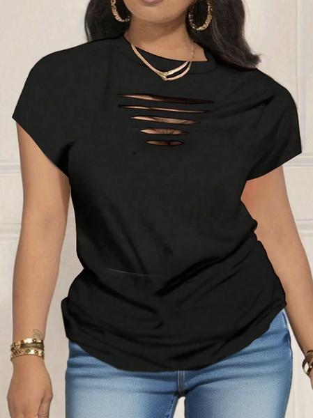 

Cotton Casual Plain Ripped T-shirt, Black, Tees