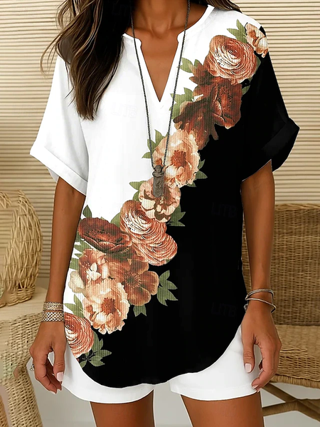 

Shawl Collar Half Sleeve Floral Regular Loose Blouse For Women, As picture, Blouses