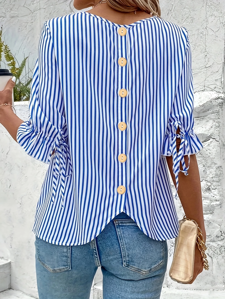 

Crew Neck Half Sleeve Striped Regular Micro-Elasticity Regular Fit Shirt For Women, Blue, Shirts