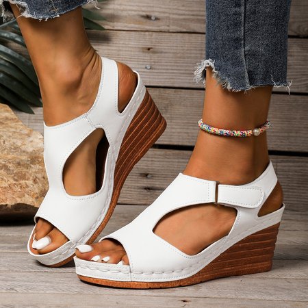 

Vintage Plain Adjustable Buckle Block Heel Peep-toe Sandals, White, Sandals
