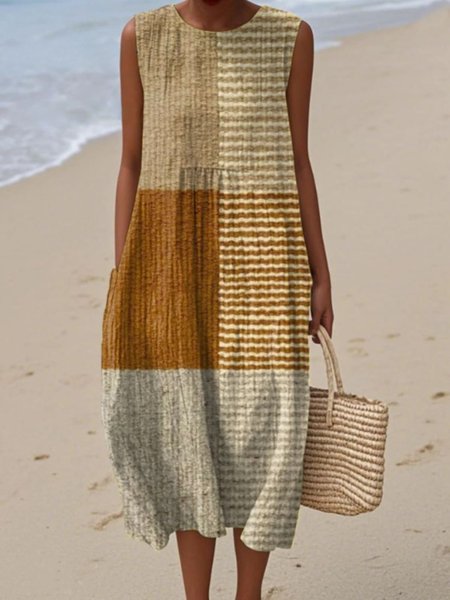 

Women Colorblock Summer Dress Crew Neck Sleeveless A-Line Dress, Khaki, Dresses