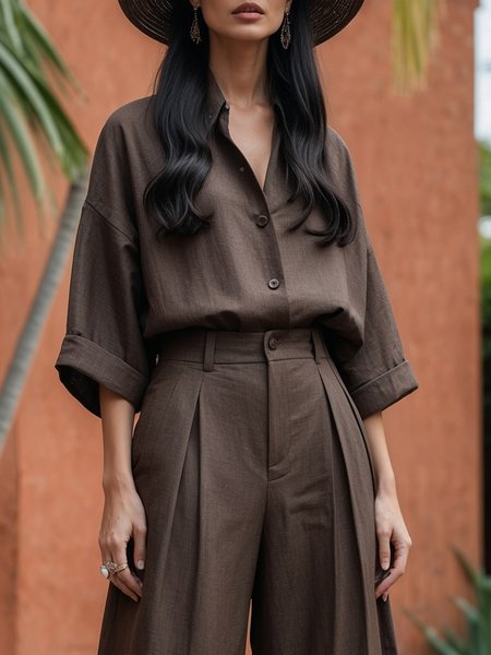 

Linen Blend Casual Plain Shirt Collar Shirt, Brown, Blouses and Shirts