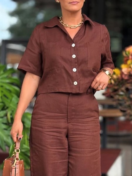 

Cotton And Linen Casual Plain Shirt Collar Shirt, Brown, Blouses and Shirts