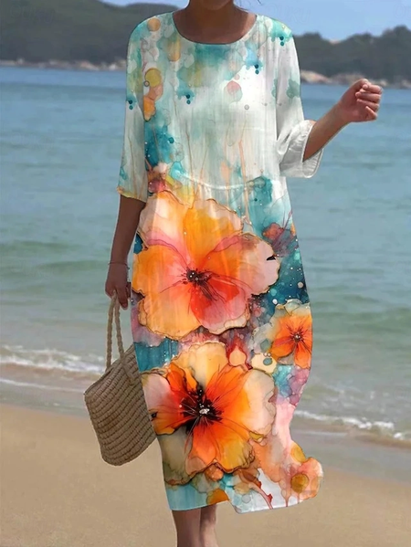

Women Floral Summer Dress Crew Neck Short Sleeve A-Line Dress, As picture, Dresses