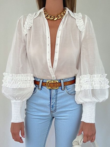 

Linen Blend Casual Plain Peplum Shirt Collar Balloon Sleeve Shirt, White, Blouses and Shirts