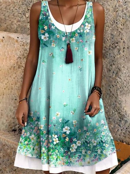 

Women Floral Summer Dress Crew Neck Sleeveless A-Line Dress, Green, Dresses