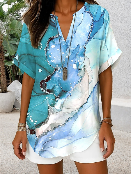 

Shawl Collar Half Sleeve Abstract Graphic Regular Loose Blouse For Women, As picture, Blouses