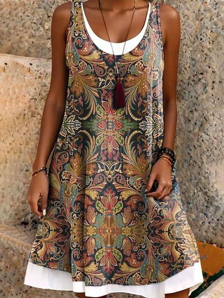 

Women Floral Summer Dress Crew Neck Sleeveless A-Line Dress, Brown, Dresses