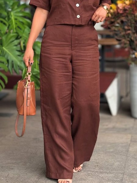 

Casual Plain Cotton And Linen Fashion Straight Pants, Brown, Pants