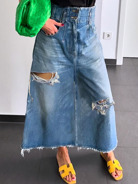 

Casual Ripped Plain Maxi Denim Skirt, Denim blue, Denim Skirts