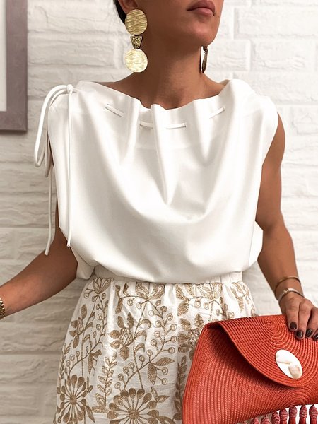 

Urban Plain Drawstring Boat Neck Blouse, White, Blouses and Shirts