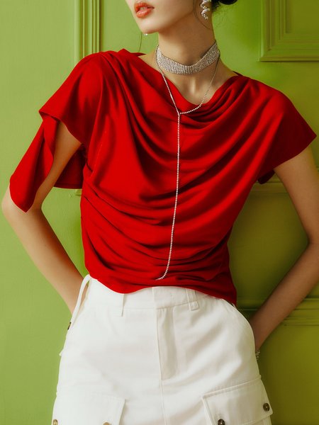 

Urban Plain Irregular Craftsmanship Raglan Sleeves Blouse, Red, Tees