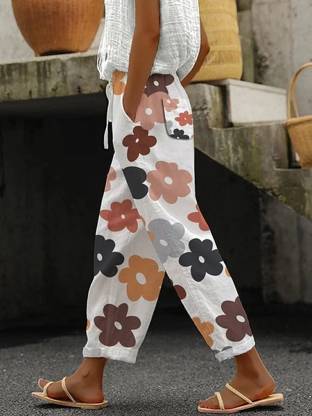 

Women Floral Long Pants Casual Spring/Fall Trousers, White, Pants