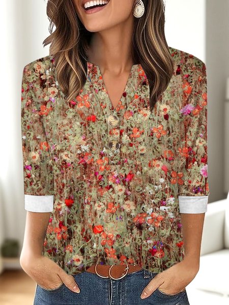 

Casual Floral V Neck Three Quarter Sleeve T-shirt, Red, T-shirts