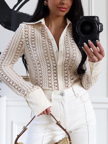 

Casual Plain Shirt Collar Sweater Shirt, Off white, Pullovers