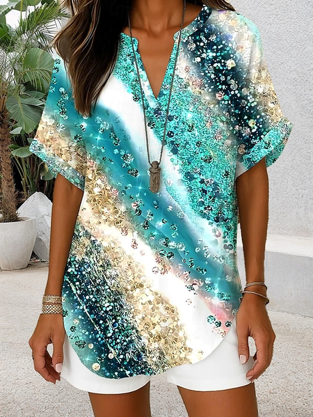 

Shawl Collar Half Sleeve Abstract Graphic Regular Loose Blouse For Women, As picture, Blouses