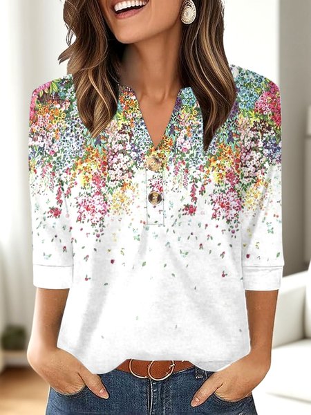 

Casual Floral V Neck Three Quarter Sleeve T-shirt, White, T-shirts