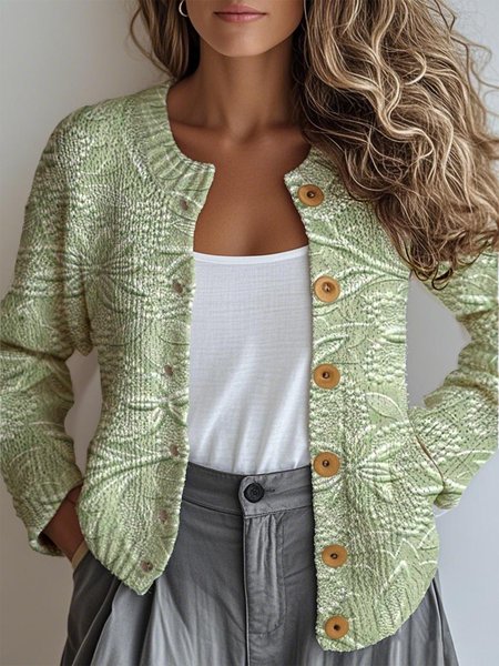 

Women Knitted 3D Printing Long Sleeve Comfy Vintage Cardigan, Green, Cardigans