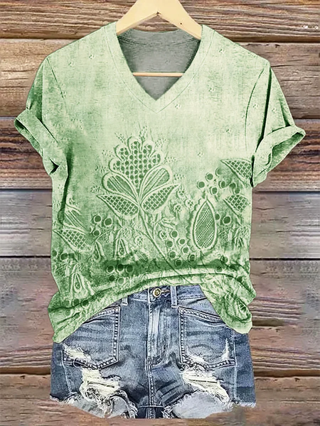 

Women Floral Short Sleeve Tee T-shirt V Neck Printing Casual Summer Graphic Tee Top, Green, T-Shirts