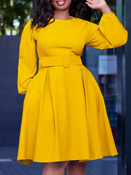 

Urban Plain Balloon Sleeve Pockets Knee Length Dress With Belt, Yellow, Mini Dresses