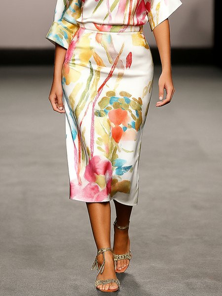

Elegant Fitted Random Print Midi Skirt, As picture, Skirts
