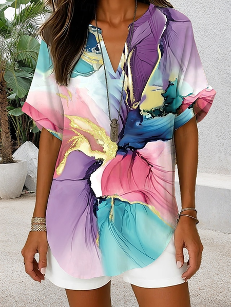 

Shawl Collar Half Sleeve Abstract Graphic Regular Loose Blouse For Women, As picture, Blouses