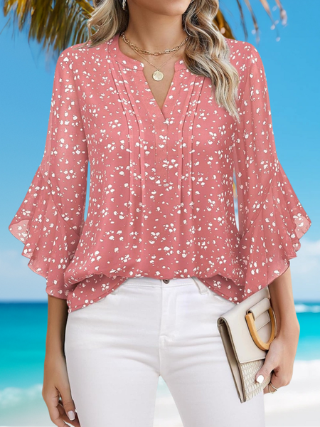 

Women's Three Quarter Sleeve Shirt Spring/Fall White Plain Peplum Chiffon V Neck Ruffle Sleeve Daily Going Out Casual Top, Pink, Blouses & Shirts