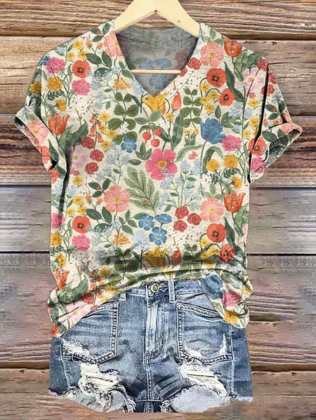 

Women Floral Short Sleeve Tee T-shirt V Neck Printing Casual Summer Graphic Tee Top, As picture, T-Shirts